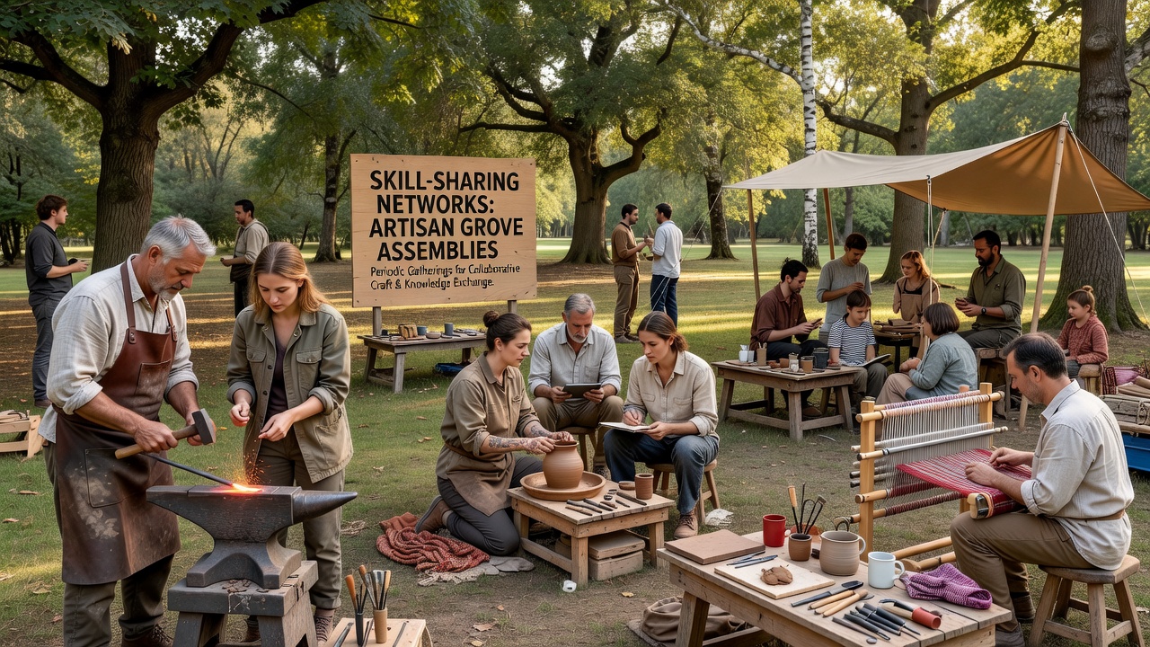 Group of participants examining woven samples and tools at a grove workshop table