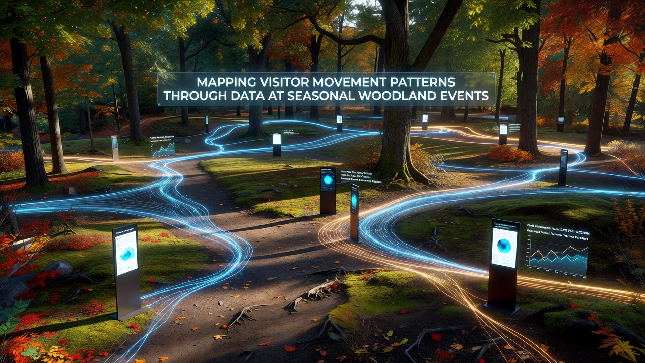 Heatmap visualization of visitor density and flow lines in a woodland festival layout